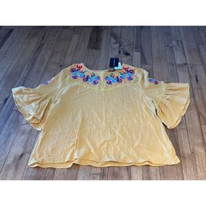 See N Be Seen Yellow Colorful Floral‎ Embroidery Top Plus Size 3X Boho Peasant